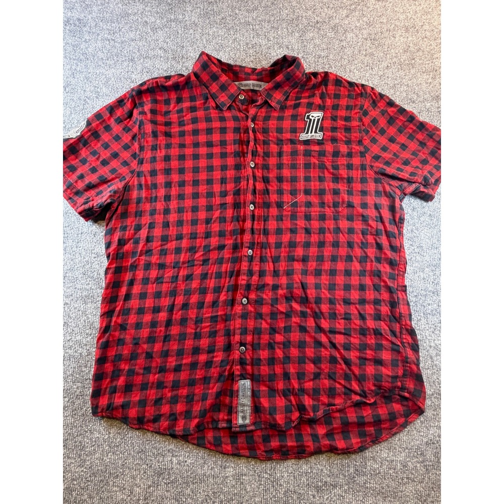 Harley Davidson Mens Red Black Buffalo Plaid Short Sleeve Button Up Shirt XL